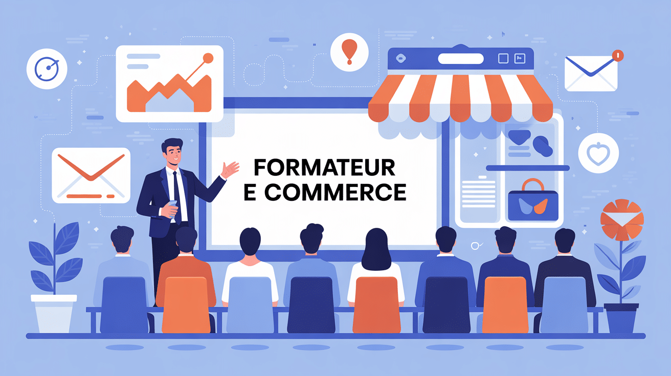 illustration formateur e commerce avec outils digitaux