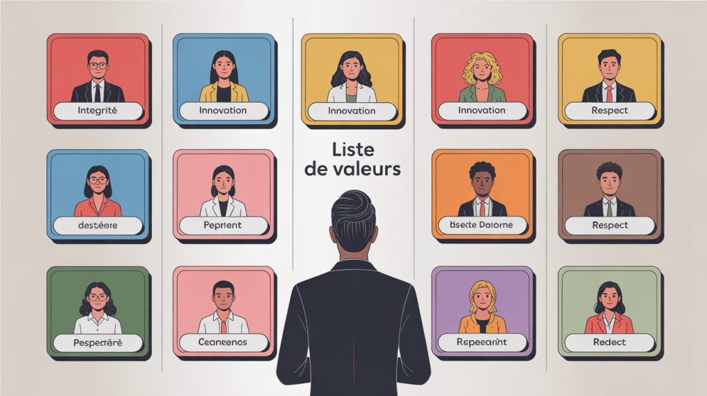 illustration équipe avec panneau liste valeurs