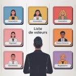 illustration équipe avec panneau liste valeurs