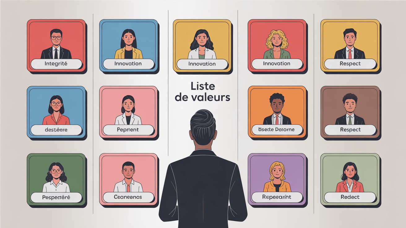illustration équipe avec panneau liste valeurs