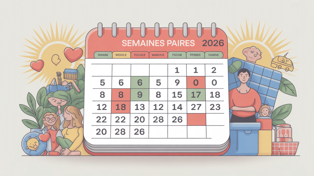Illustration calendrier semaine paire 2024 famille école travail