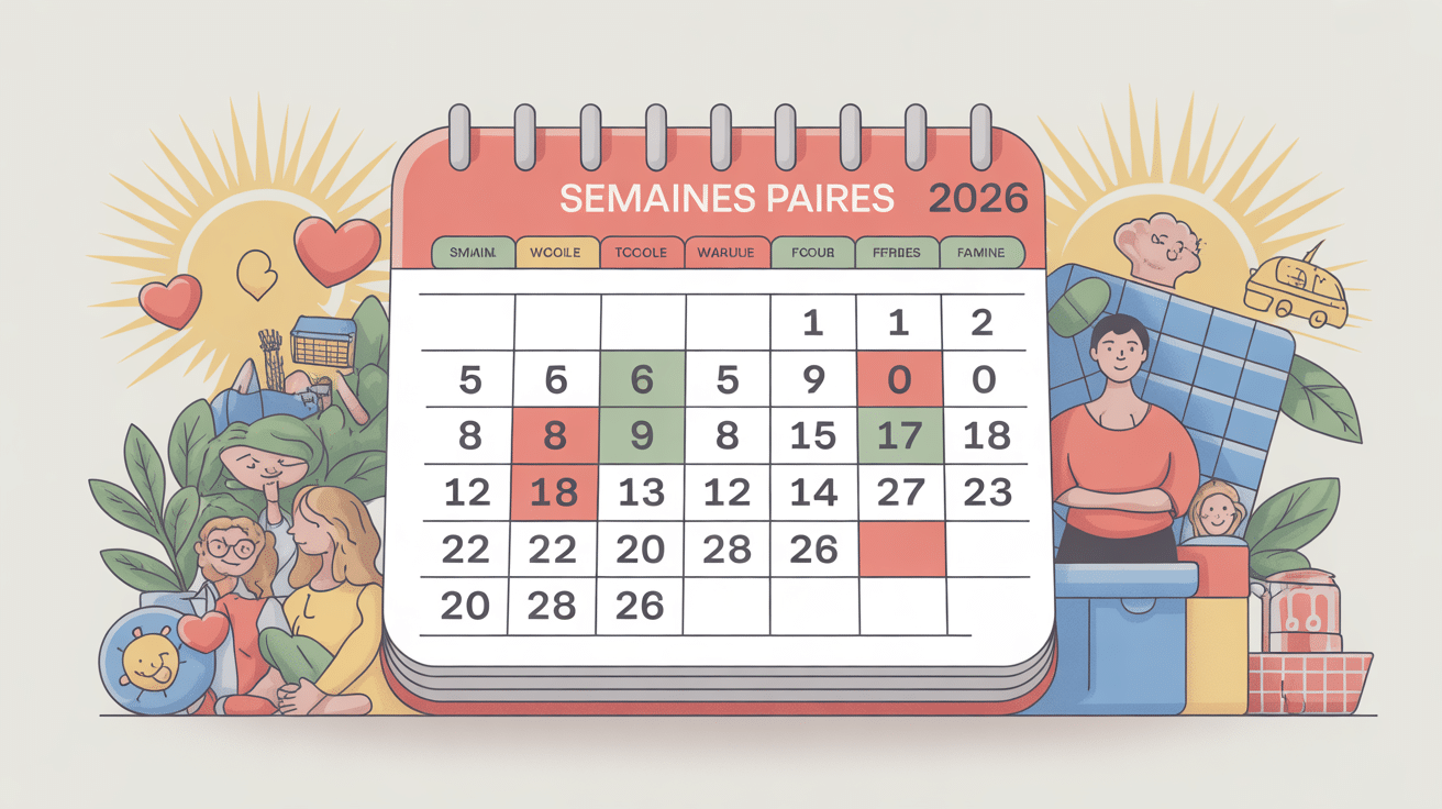 Illustration calendrier semaine paire 2024 famille école travail