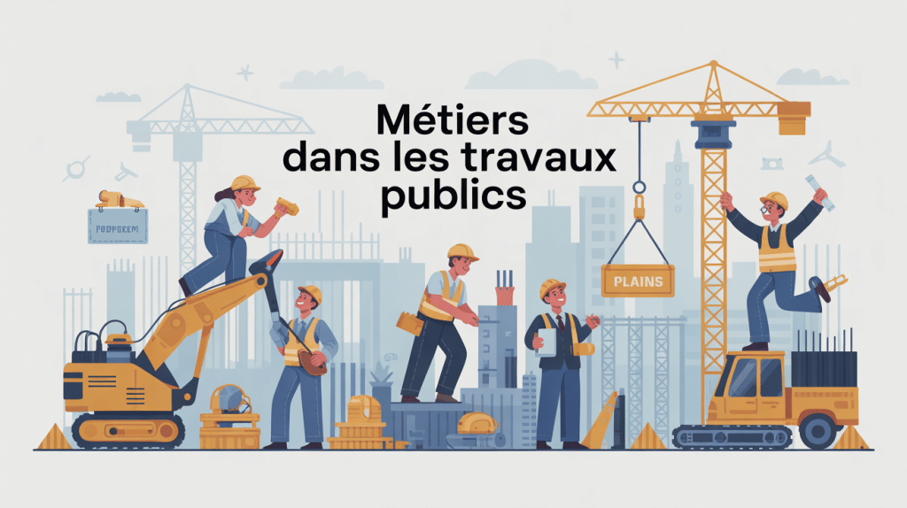 Scène globale des métiers dans les travaux publics avec professionnels en action