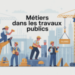 Scène globale des métiers dans les travaux publics avec professionnels en action