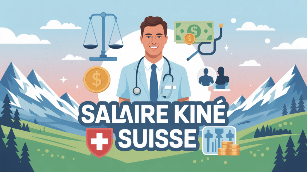 Illustration salaire kiné suisse dans paysage alpin stylisé
