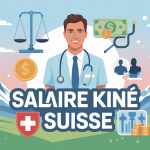 Illustration salaire kiné suisse dans paysage alpin stylisé