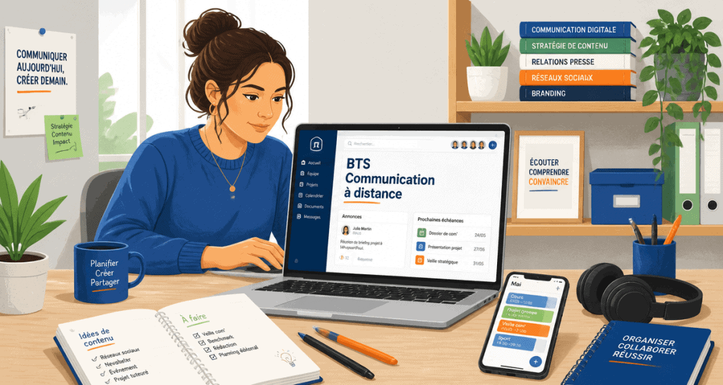 BTS communication à distance, étudiante travaillant à distance