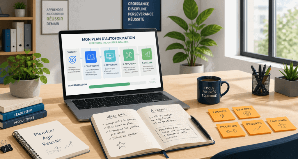 Bureau autoformation avec plan et notes manuscrites