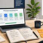 Bureau autoformation avec plan et notes manuscrites