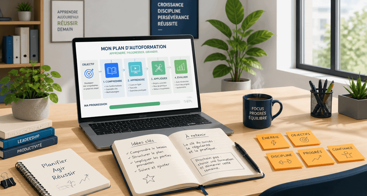 Bureau autoformation avec plan et notes manuscrites