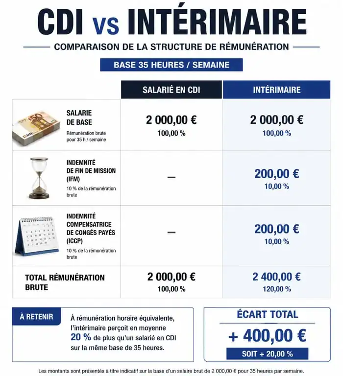 Comparatif salaire intérimaire 35h vs CDI : structure de rémunération et indemnités