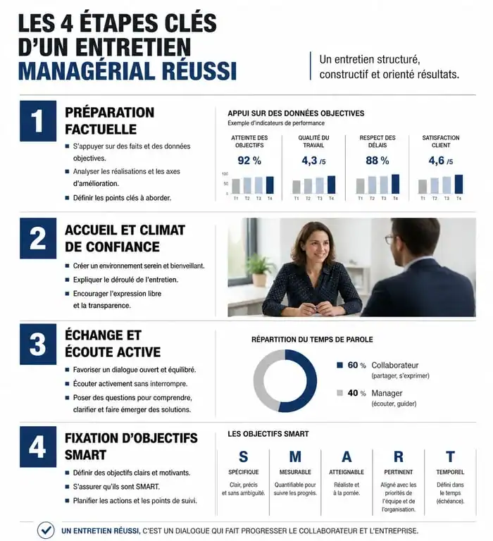 Infographie des étapes pour réussir un entretien managérial
