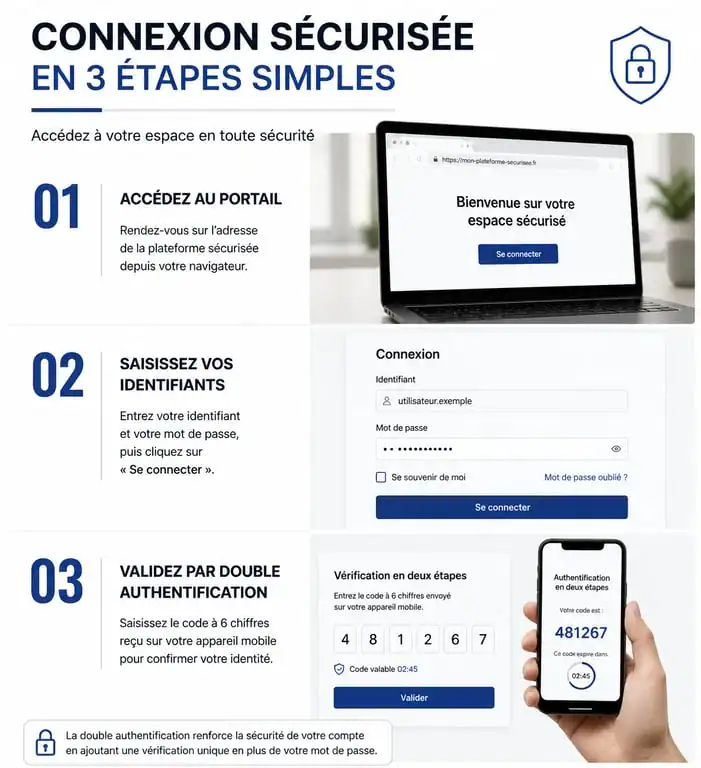 Infographie des étapes de connexion à la plateforme IFCAM Connect pour les collaborateurs du Crédit Agricole