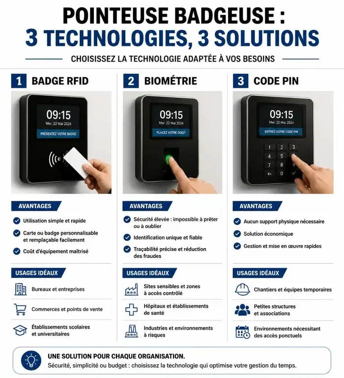 Comparatif des technologies de pointeuse badgeuse : RFID, biométrie et code PIN pour la gestion du temps.