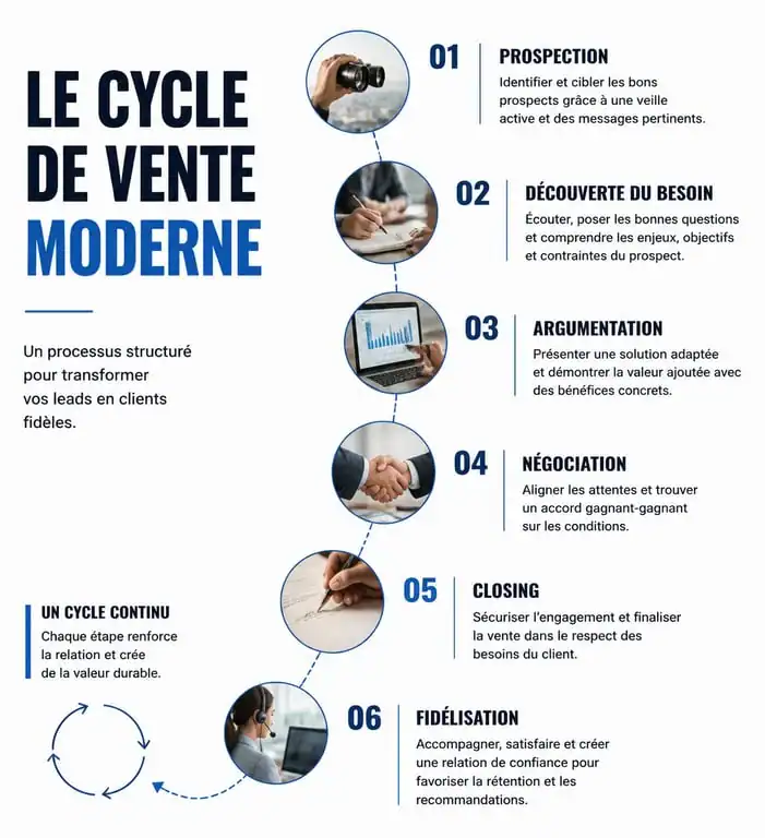 Infographie du cycle de vente complet pour une formation commerciale