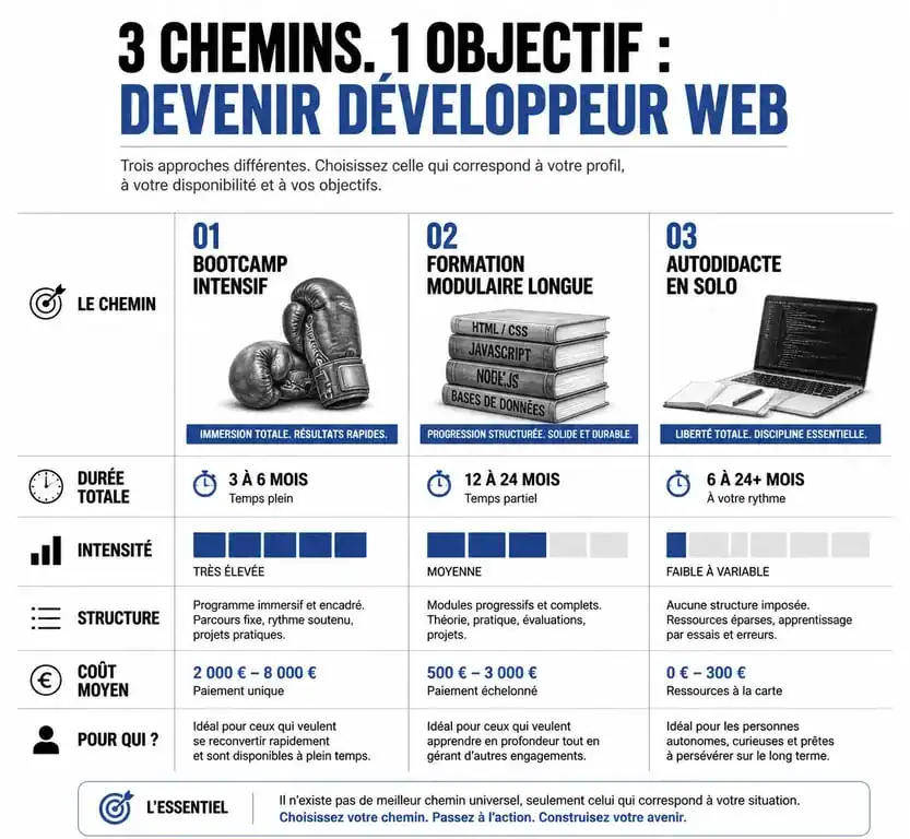 Infographie comparative des différentes modalités de formation à distance pour devenir développeur web