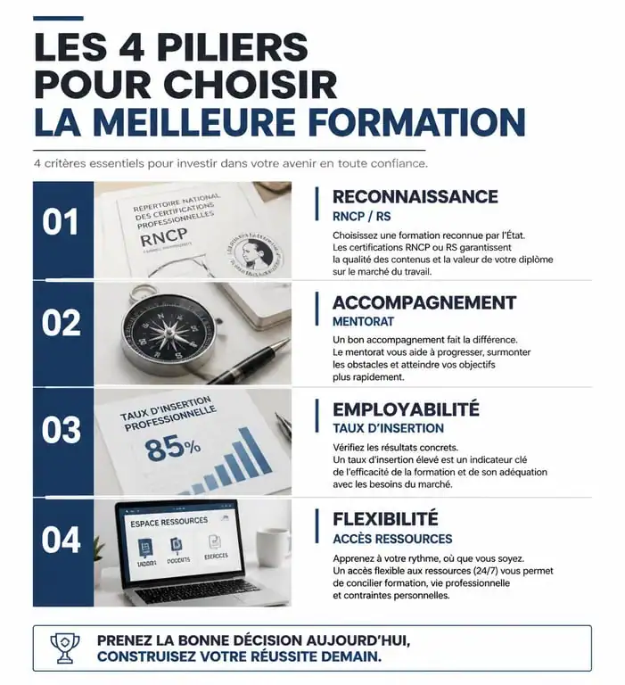 Critères pour choisir la meilleure formation professionnelle : RNCP, mentorat, taux d'insertion et flexibilité.