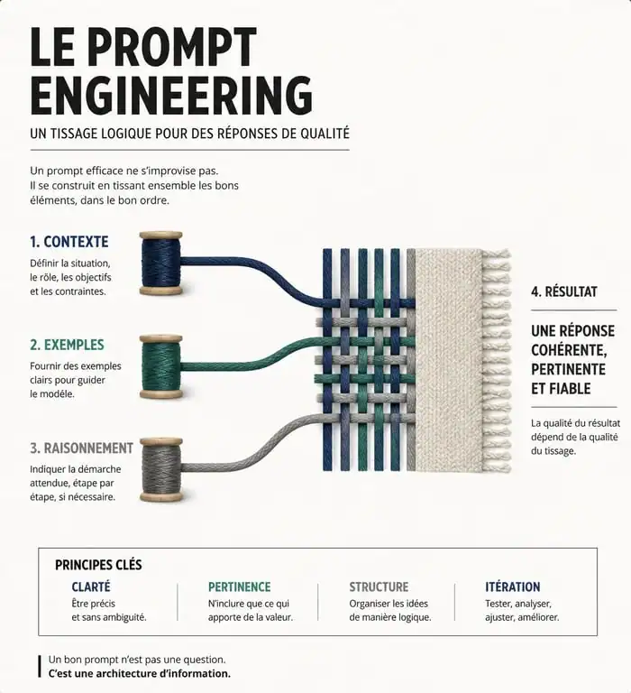 Infographie illustrant le processus de prompt engineering et la structuration des instructions pour l'IA