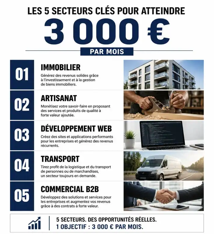Infographie des métiers permettant de gagner 3000 euros par mois en France