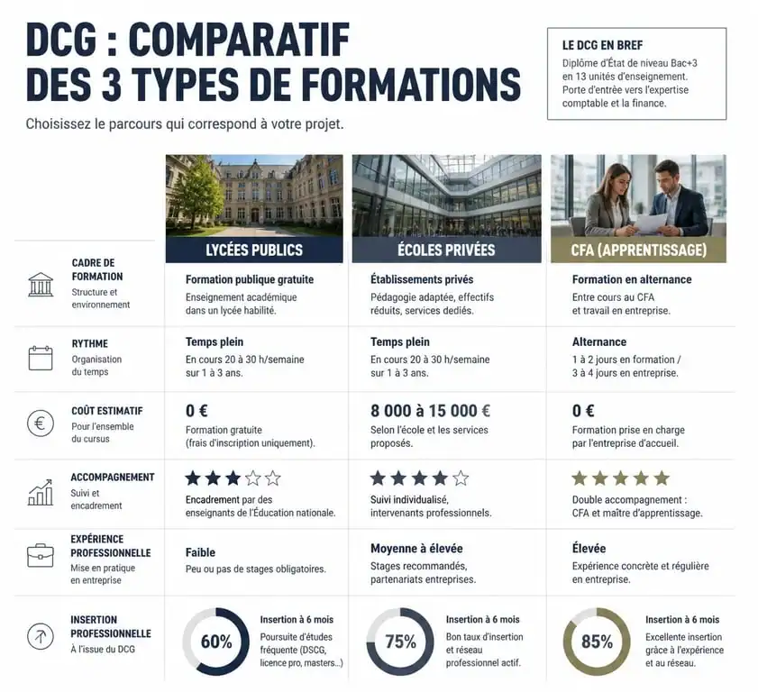 Infographie comparative des types d'établissements pour préparer le DCG classement