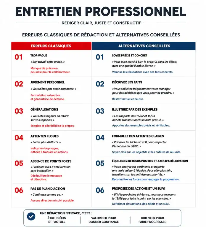 Infographie sur les bonnes pratiques de rédaction pour un commentaire d'entretien professionnel