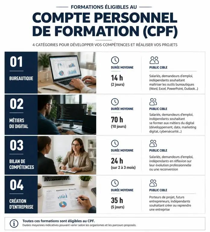 Infographie comparative des différentes idées de formation CPF pour booster sa carrière