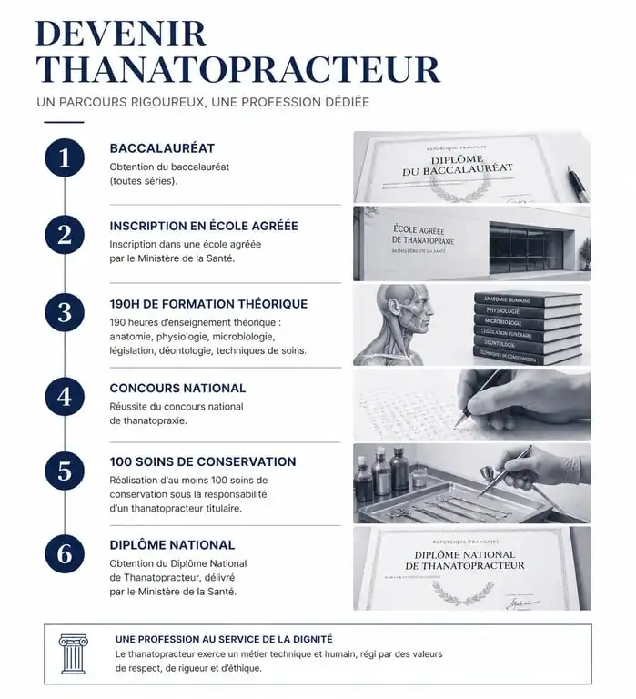 Infographie du parcours d'études pour devenir thanatopracteur en France