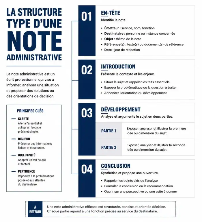 Infographie de la structure d'une note administrative pour la rédaction professionnelle