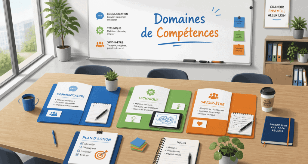 Les domaines de compétences organisés sur une table en réunion