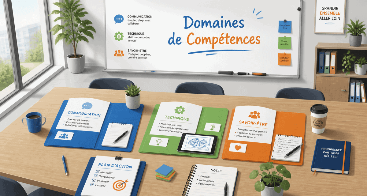Les domaines de compétences organisés sur une table en réunion