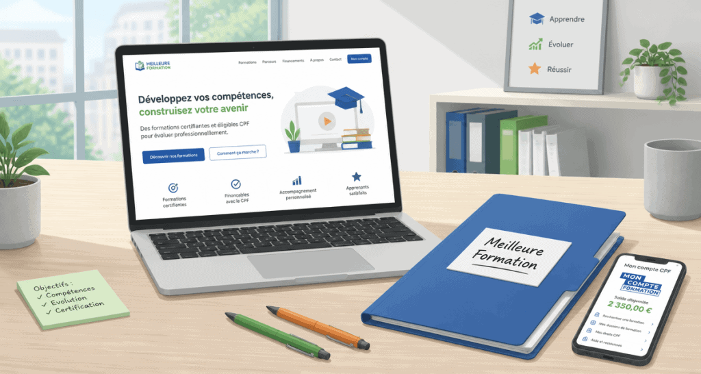 Meilleur formation CPF sur bureau avec dossier et ordinateur