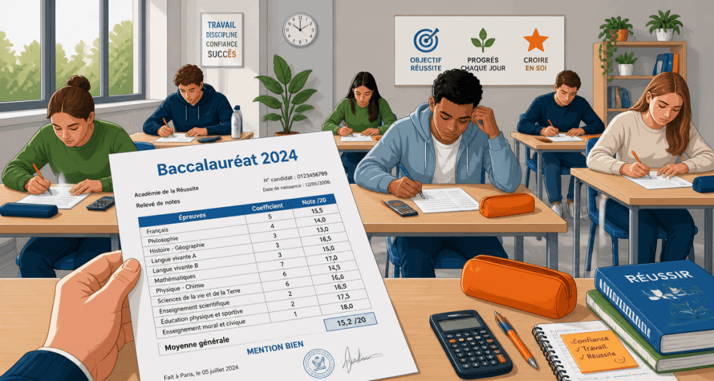 Salle d'examen bac 2024 relevé de notes
