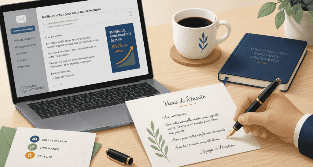 Vœux de réussite personnelle et professionnelle écrits sur carte et ordinateur