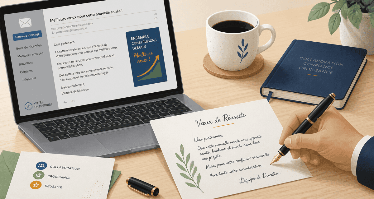 Vœux de réussite personnelle et professionnelle écrits sur carte et ordinateur