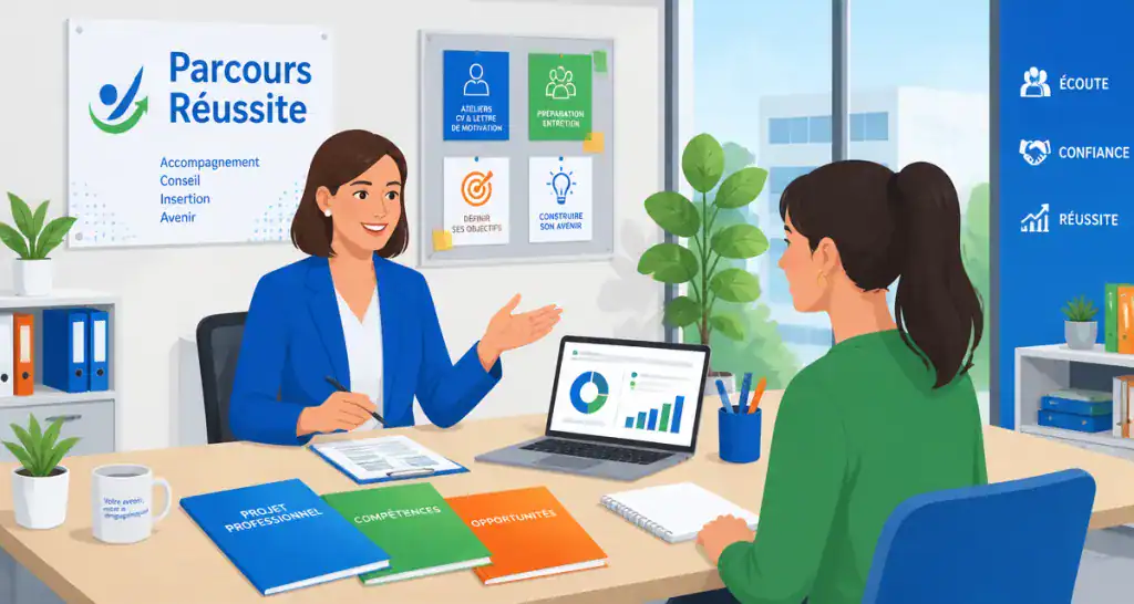 Conseillere en insertion accompagne jeune femme en entretien