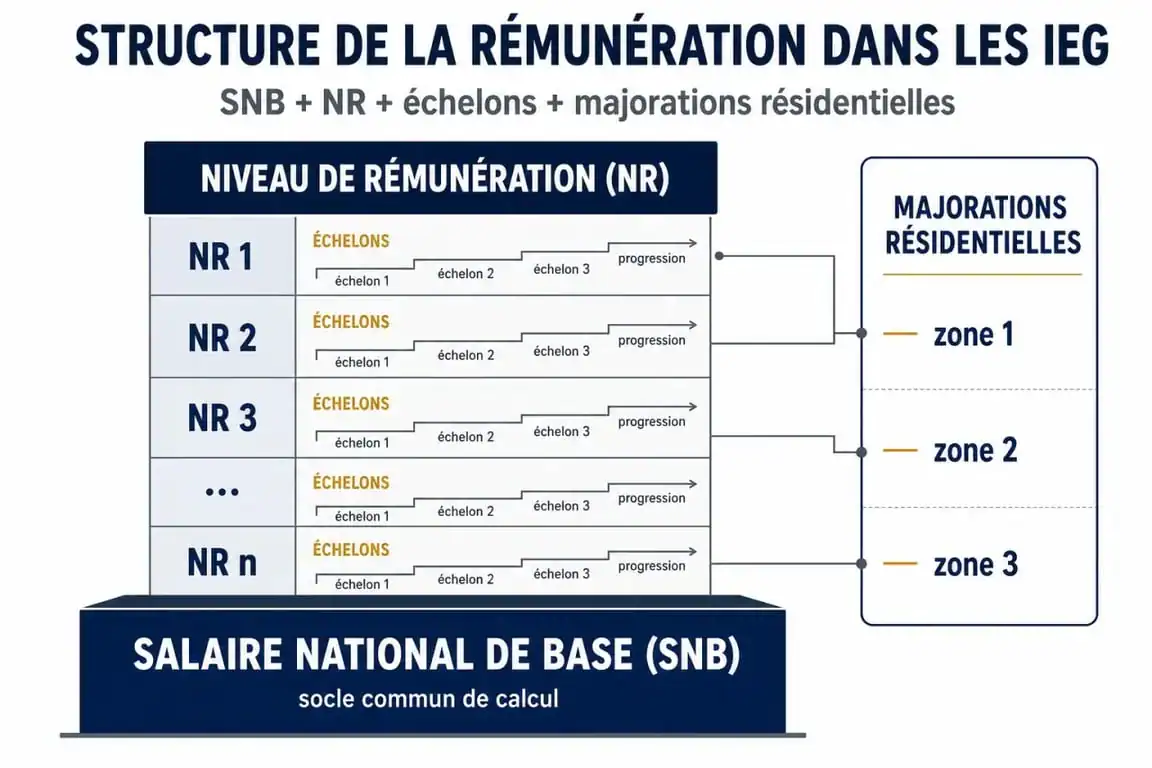 Infographie explicative de la grille de salaire IEG : SNB, NR, échelons et majorations résidentielles.