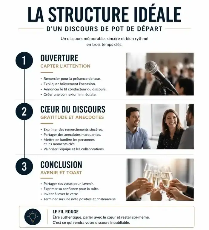 Infographie sur la structure idéale d'un discours de pot de départ professionnel