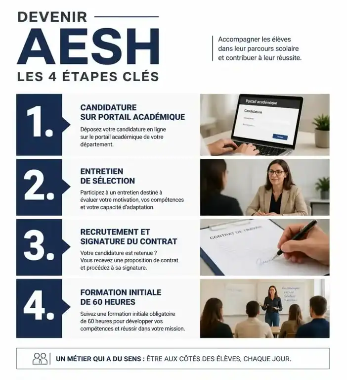 Infographie des étapes du parcours de recrutement pour devenir AESH
