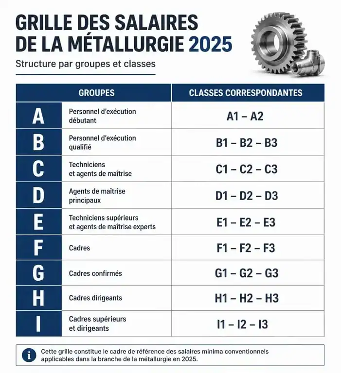 Grille des salaires métallurgie 2025 par groupes et classes d'emploi