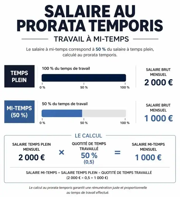 Infographie explicative du calcul du salaire à mi-temps et prorata temporis
