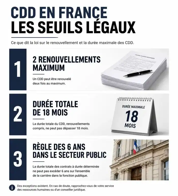 Infographie des règles légales de durée et renouvellement des CDD avant requalification en CDI