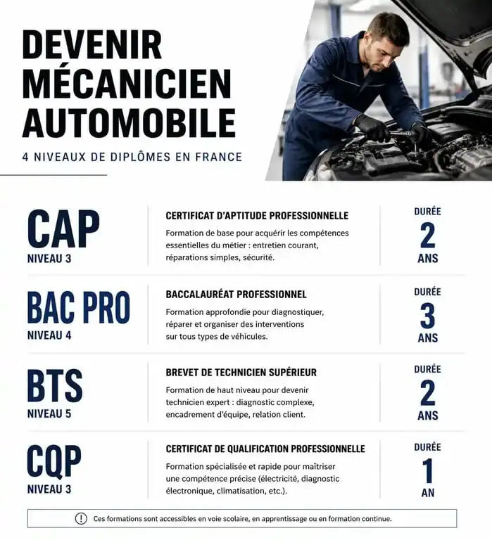 Infographie des parcours d'étude pour devenir mécanicien automobile : CAP, Bac Pro, BTS et CQP