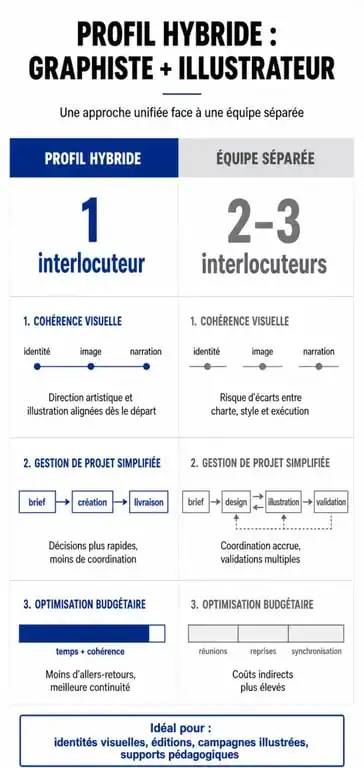 Tableau comparatif des avantages d'un graphiste illustrateur par rapport à des prestataires séparés pour un projet de communication visuelle