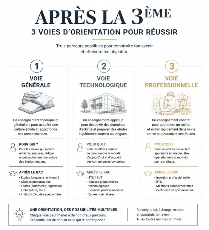 Schéma des voies d'orientation après la 3ème : générale, technologique et professionnelle