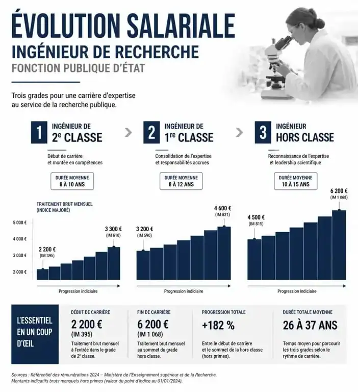 Infographie de l'évolution salariale et des grades d'un ingénieur de recherche dans la fonction publique