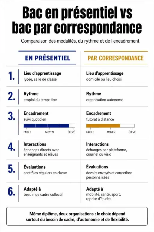 Infographie comparative : bac en présentiel vs bac par correspondance