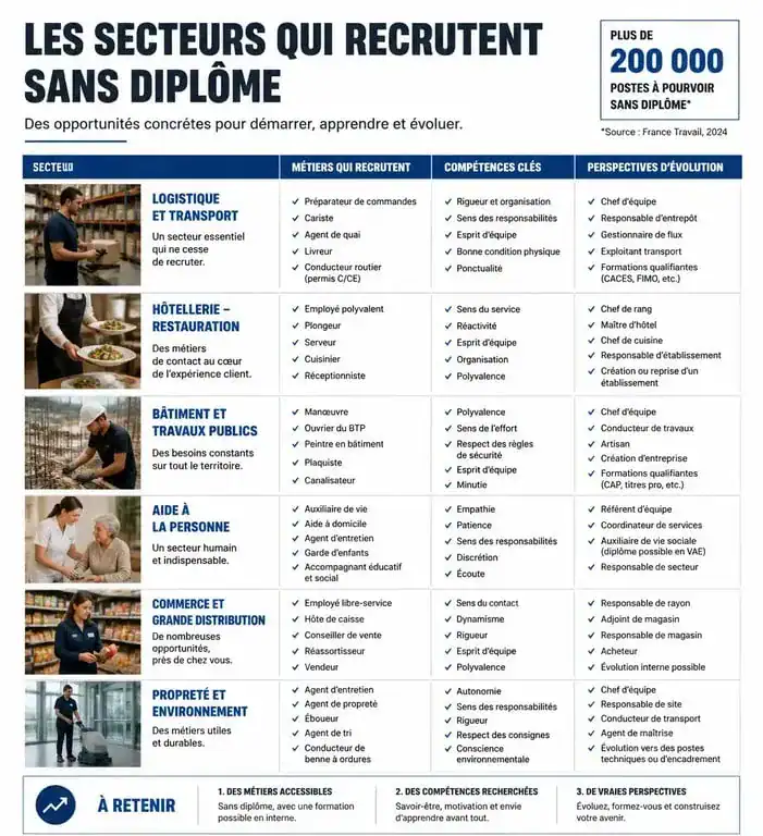 Infographie des secteurs qui recrutent sans diplôme et opportunités de carrière