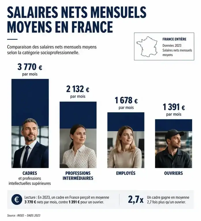 Graphique comparatif du salaire moyen par catégorie socioprofessionnelle en France : salaire moyen cadre en France