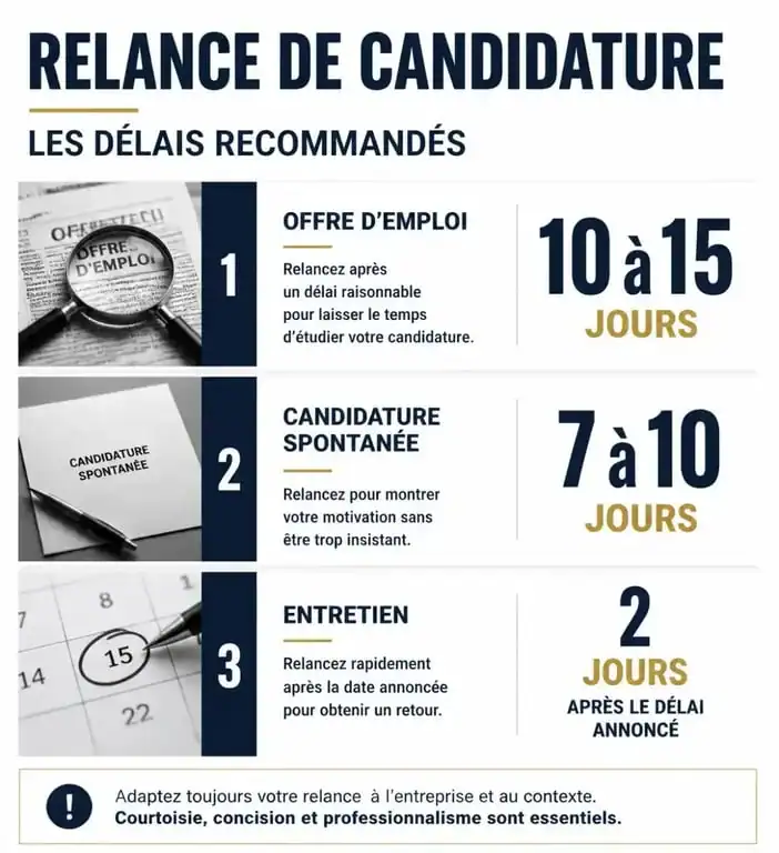 Infographie des délais recommandés pour une relance mail candidature