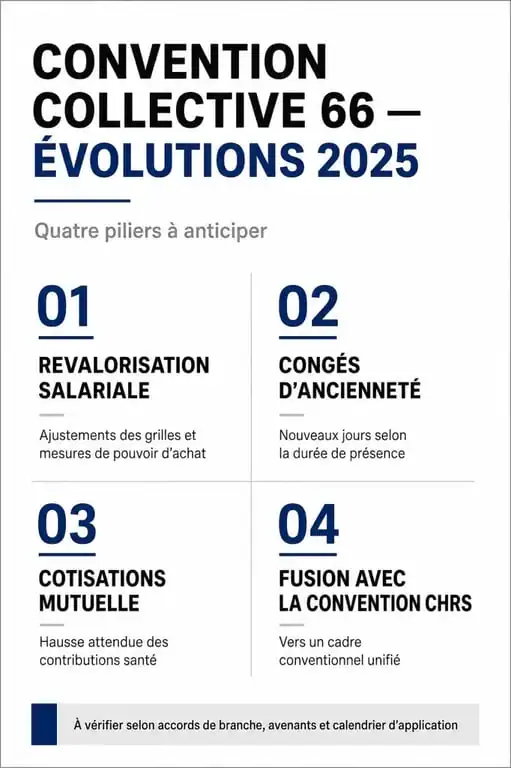 Infographie des évolutions de la Convention 66 en 2025 : salaires, congés, santé et fusion